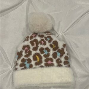 NWOT Leopard Print Kids Beanie with Pom Pom